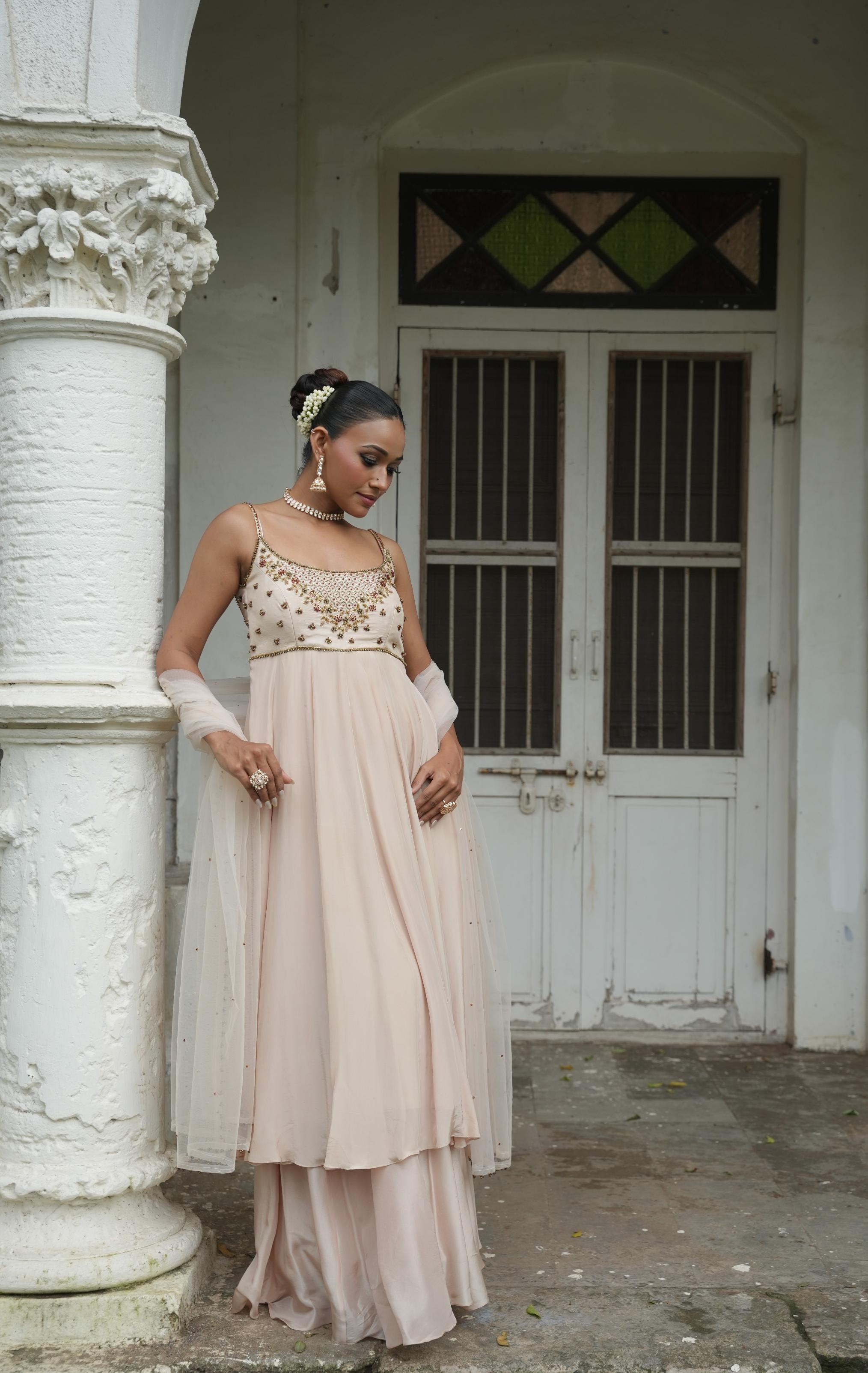 Ivory (Strap) Anarkali With Sharara Set