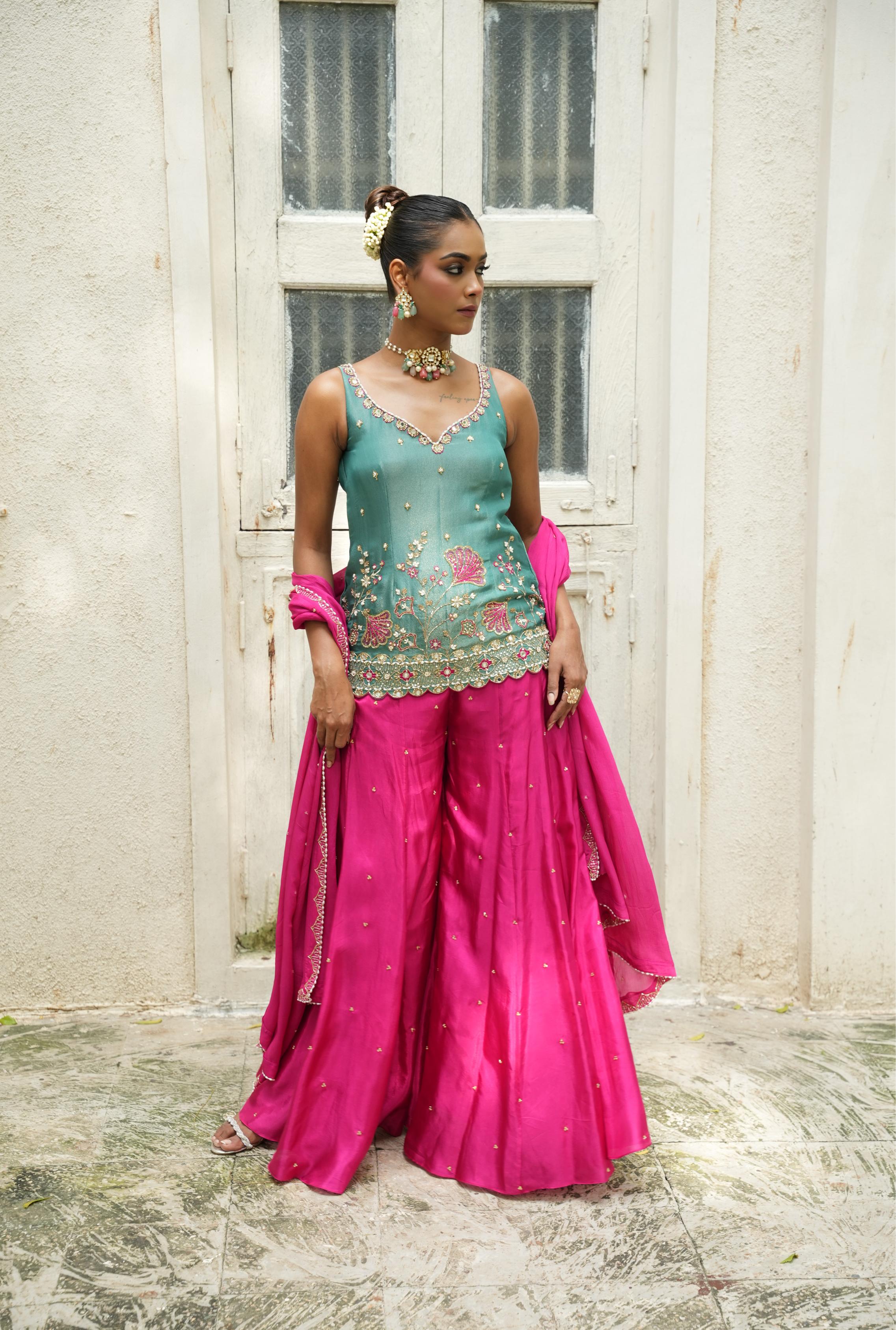 Peacock Blue (Zari) - Hot Pink Sharara Set
